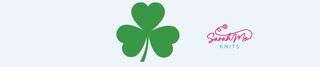A green four-leaf clover icon next to the pink and white 'Sarah Mo Knits' logo on a very light blue background to reflect SarahMo's background 