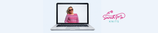 A silver laptop on a light blue background displaying a woman wearing a pink knit sweater, alongside the pink 'Sarah Mo Knits' logo for Sarahmo support and policies page 
