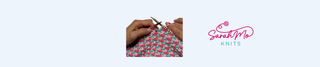 A close-up of hands knitting with gold-toned needles and a pink, red, and white patterned yarn, alongside the Sarah Mo Knits logo on a light blue background.