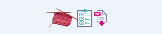 A knitted pink fabric swatch on wooden needles next to a clipboard icon with a checklist and a PDF document icon, all on a light blue background.