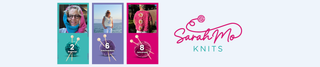 A promotional banner for Sarah Mo Knits featuring three vertical panels with knitting patterns (numbered 2, 6, and 8) on colorful backgrounds, alongside the brand logo 'Sarah Mo Knits' in pink and teal on a light blue-gray background to show SarahMo Patterns coming soon