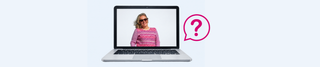 A silver laptop on a light blue background, displaying a woman in a pink sweater on its screen, with a pink question signalling FAQs