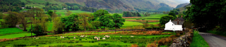 A scenic landscape print showing a lush green valley with a white cottage, grazing sheep, stone walls, and mountains in the background to reflect where SarahMo comes from 