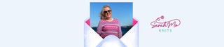 A promotional banner for Sarah Mo Knits featuring SarahMo wearing a pink patterned knit sweater, set against a light blue background with a white envelope graphic and the brand logo.
